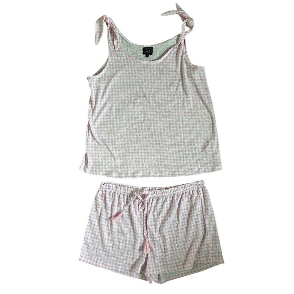 Laura Ashley White & Pink Checkered Pajama Set - Size L Cottage Core